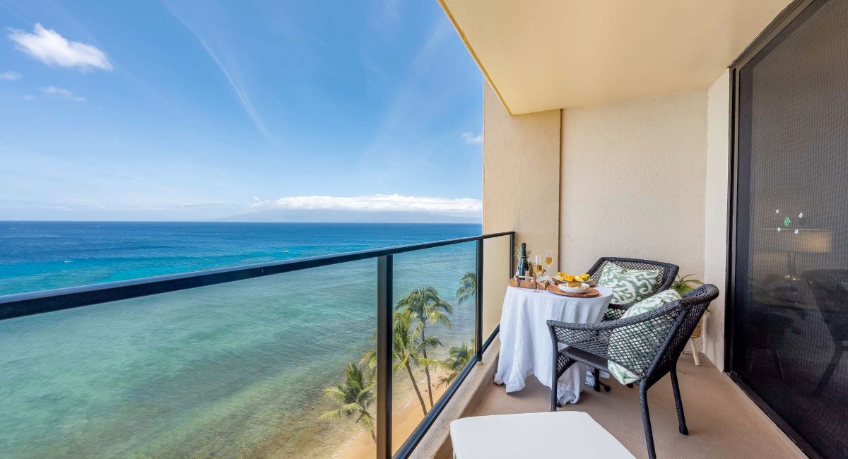 View of the ocean from the balcony of a vacation rental in Kāʻanapali