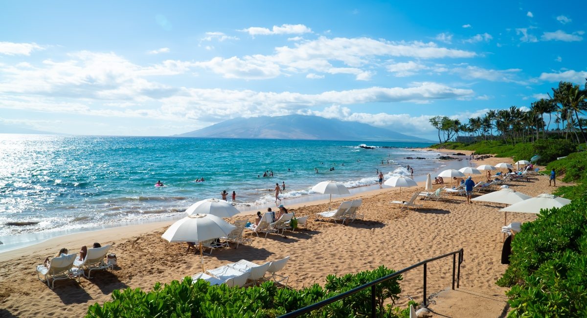 South Maui leeward coastline with beach and blue ocean