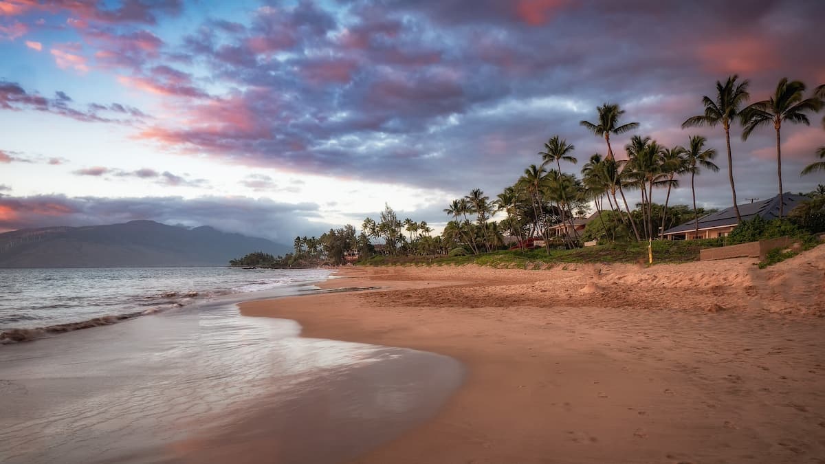 Kamaʻole Beach with green palm trees lining the shore at sunset with mountain in the background