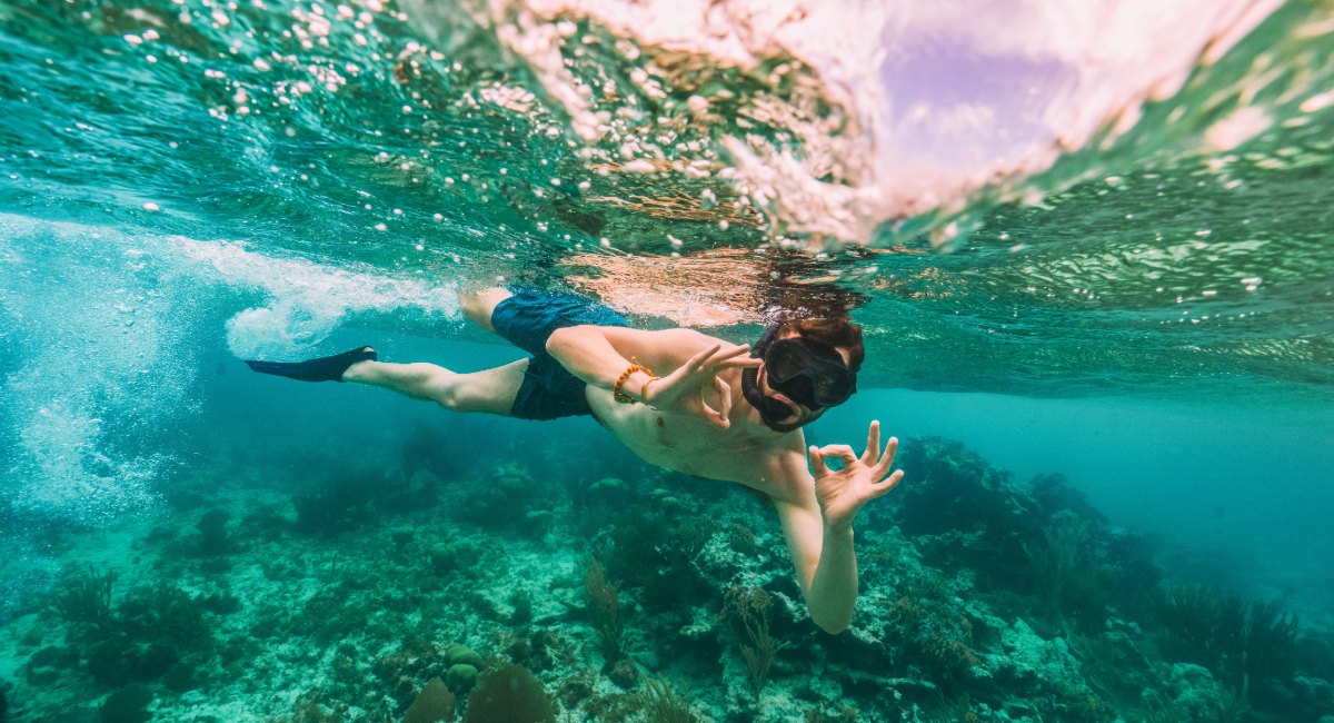 Underwater view of snorkeler diving down toward coral reef in crystal clear tropical waters around Maui
